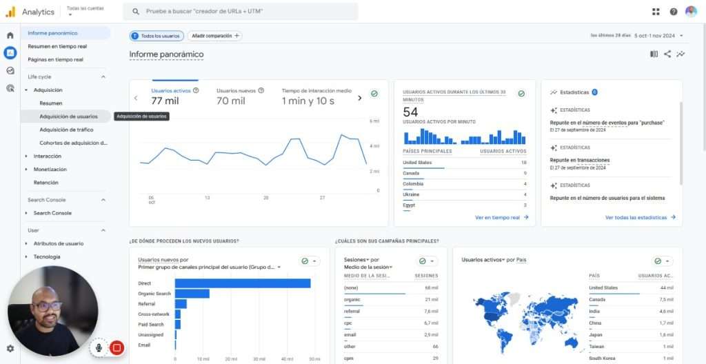 Como ver las métricas principales en Google Analytics 4 para entender el trafico de tu web