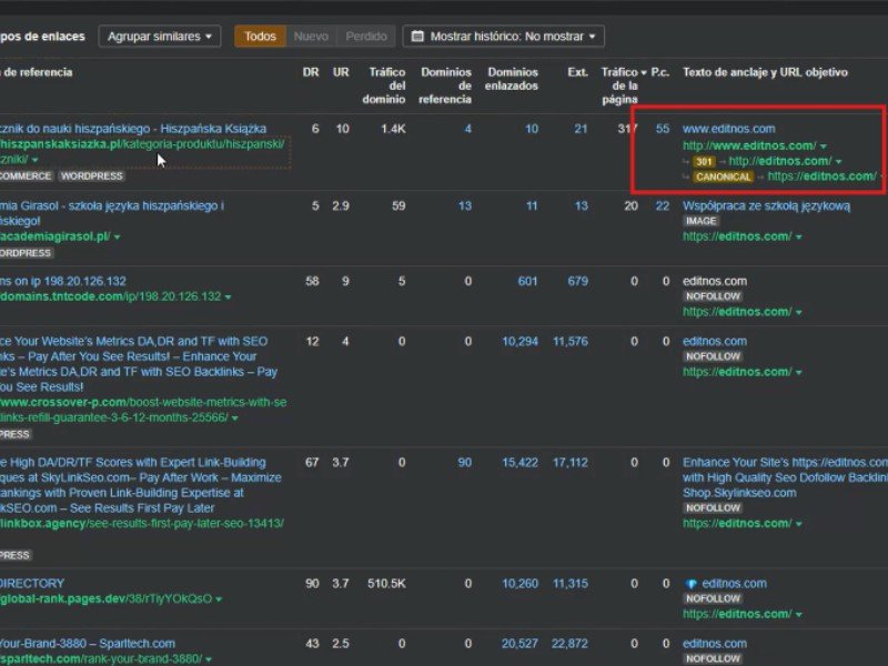 Enlace a version http sin https Enlace entrante apuntando a la versión sin HTTPS en el informe de backlinks de Ahrefs