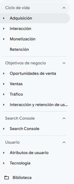 Metricas clave desde el menu principal en GA4