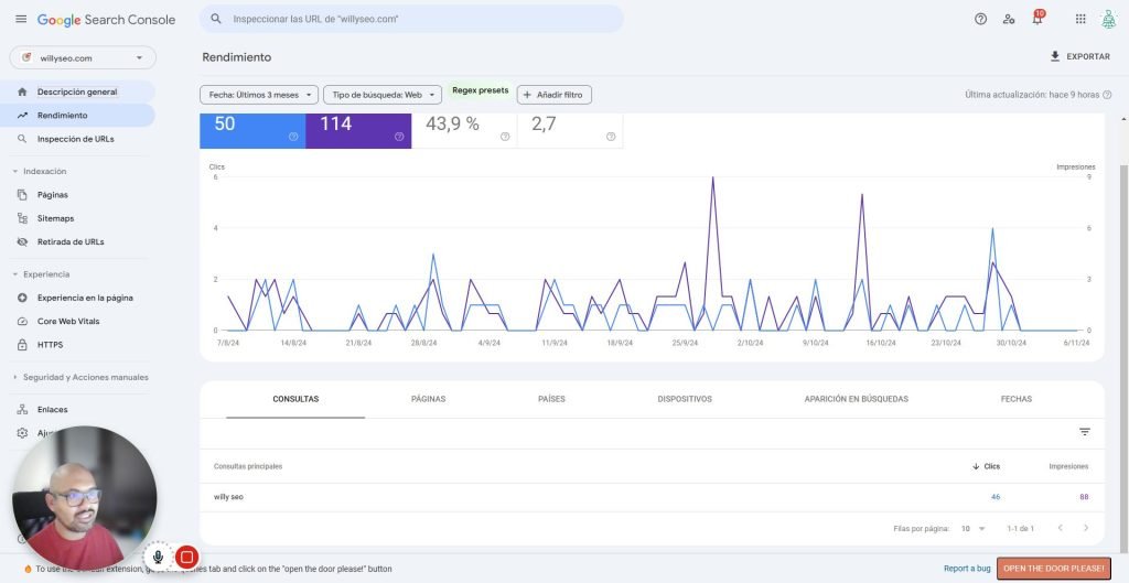 Informe de consultas de Google Search Console filtrado por URL para descubrir palabras clave secundarias